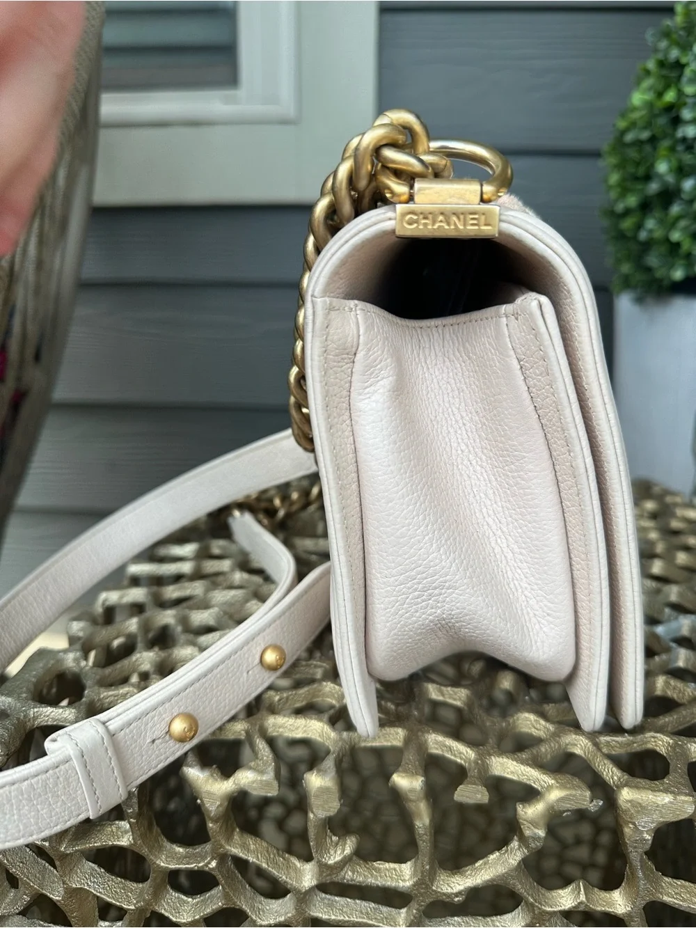CHANEL Pink & Cream Tweed Boy Shoulder Bag with Gold Hardware